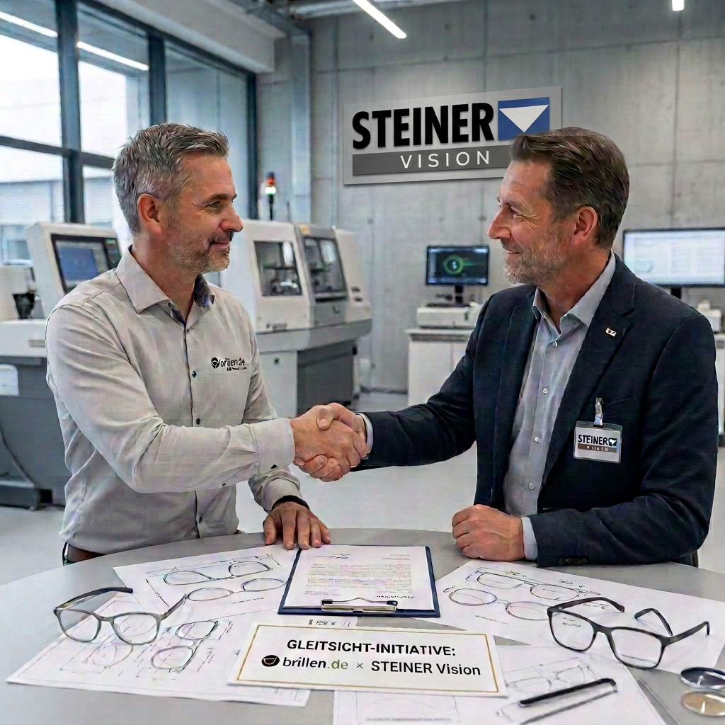 Symbolische Vereinbarung in der Gleitsichtglas-Produktion: Unternehmensvertreter von brillen.de und STEINER Vision mit Handschlag, Vertrag und Glaszeichnungen